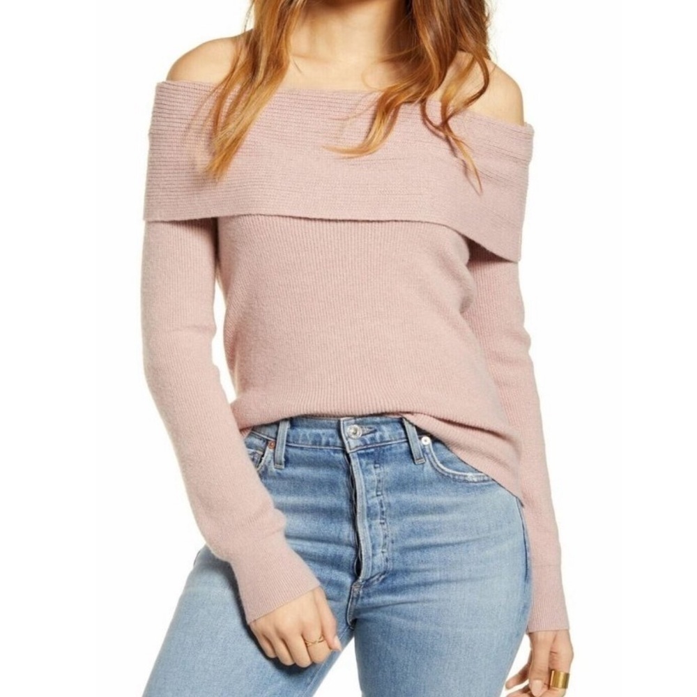 NWT Leith Off-Shoulder Fold-Over Cowl Neck Long Sleeve Pullover Sweater Pink 1X